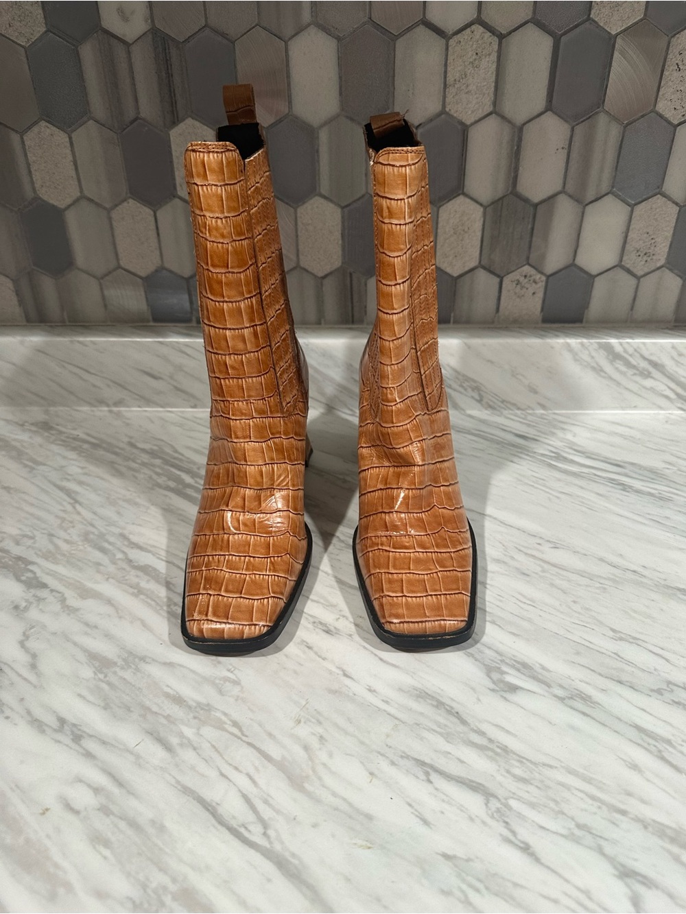 Women’s Tan Croc-Embossed Square-Toe Ankle Boots
